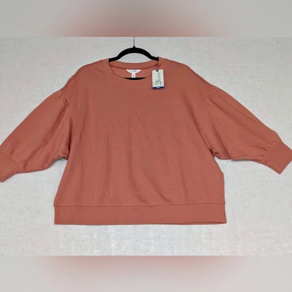 NWT Terra & Sky Plus Size 0X 14W Puff Sleeve French Terry Sweatshirt Coral Pink - Picture 1 of 10